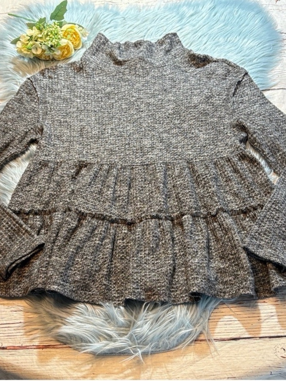 Cozy Grey Ruffle Hem Women's Sweater